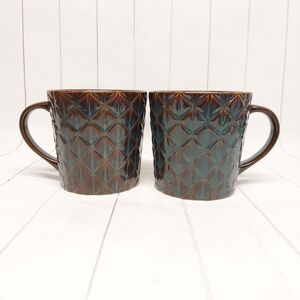 Two Starbucks 2009 Bone China Brown & Blue Diamond Design 12 OZ Mugs